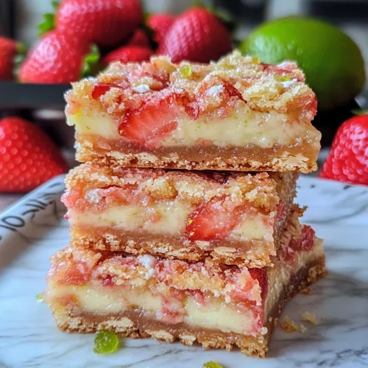 A stack of gooey bars with strawberry and lime flavors.