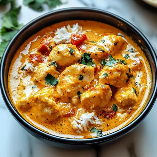 A bowl of chicken curry with tomatoes and spices.