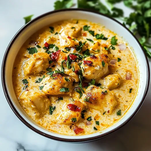 A bowl of chicken in a coconut curry.