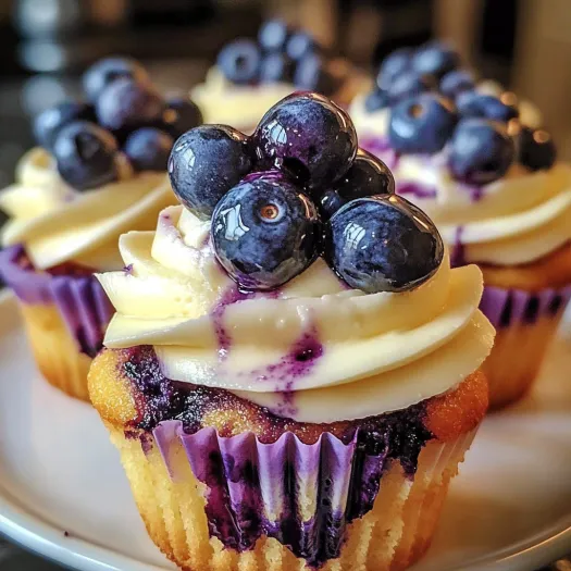 A cupcake with blueberries on top.