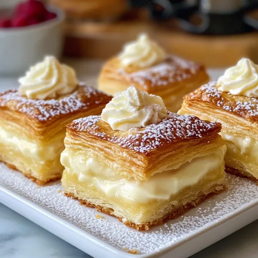A plate of puff pastry squares with vanilla custard cream.