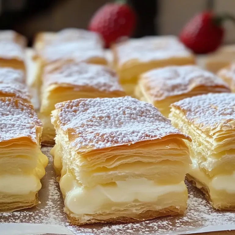 A tray of puff pastry squares with vanilla custard cream.