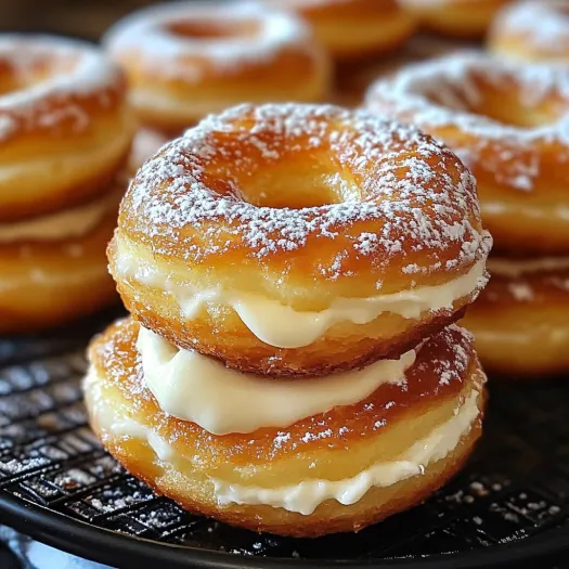 A stack of three cronuts with sweet cream filling.