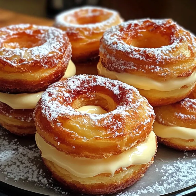 A plate of homemade cronuts with sweet cream filling.
