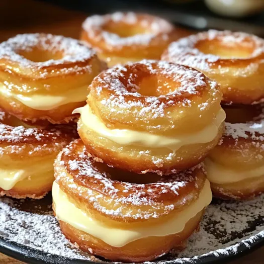 A plate of homemade cronuts with sweet cream filling.