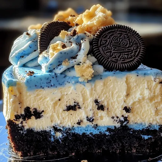 A slice of blue velvet Oreo cheesecake.