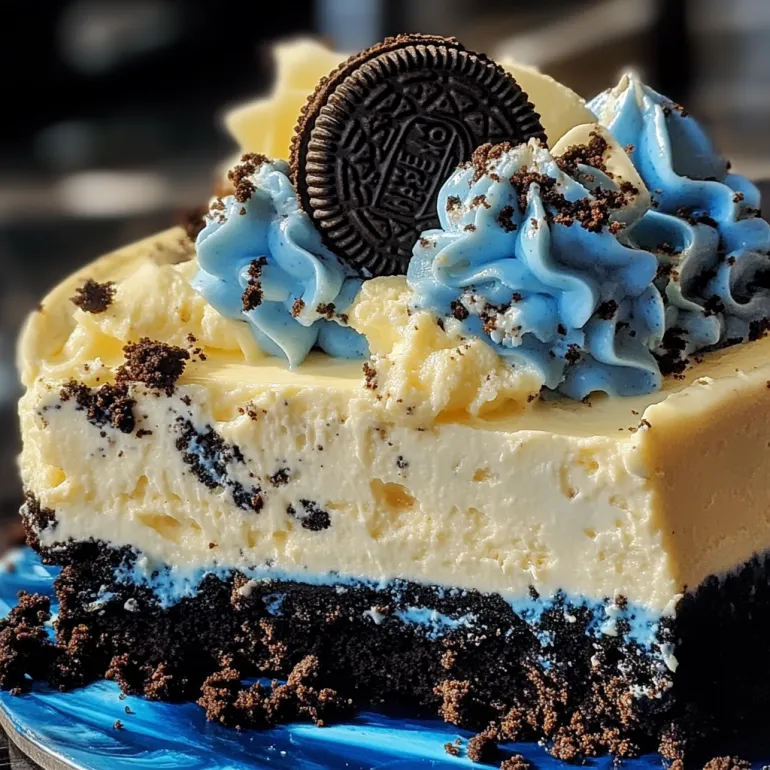 A slice of blue velvet Oreo cheesecake.