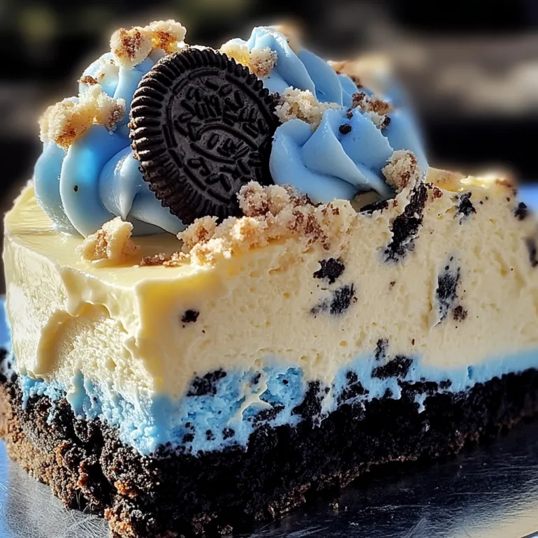 A slice of blue velvet Oreo cheesecake.
