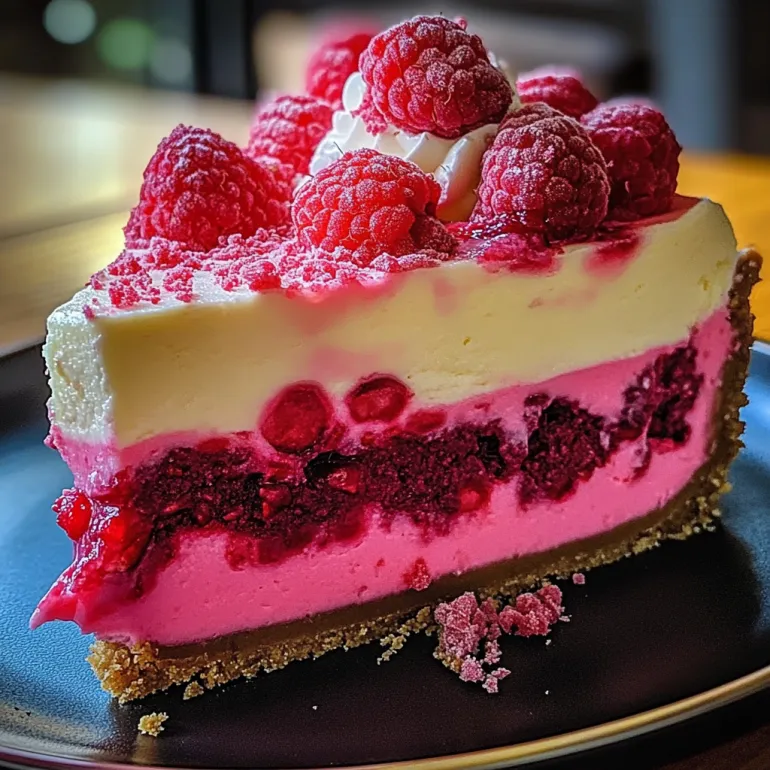 A slice of pink velvet raspberry cheesecake.