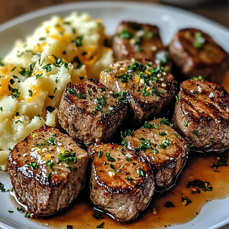 A plate of garlic butter steak bites and cheesy mashed potatoes.