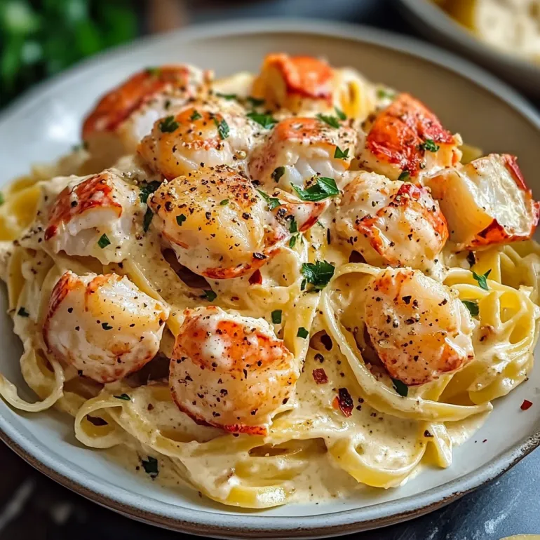 A plate of creamy lobster pasta.