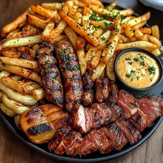A hearty mixed grill platter with crispy fries.