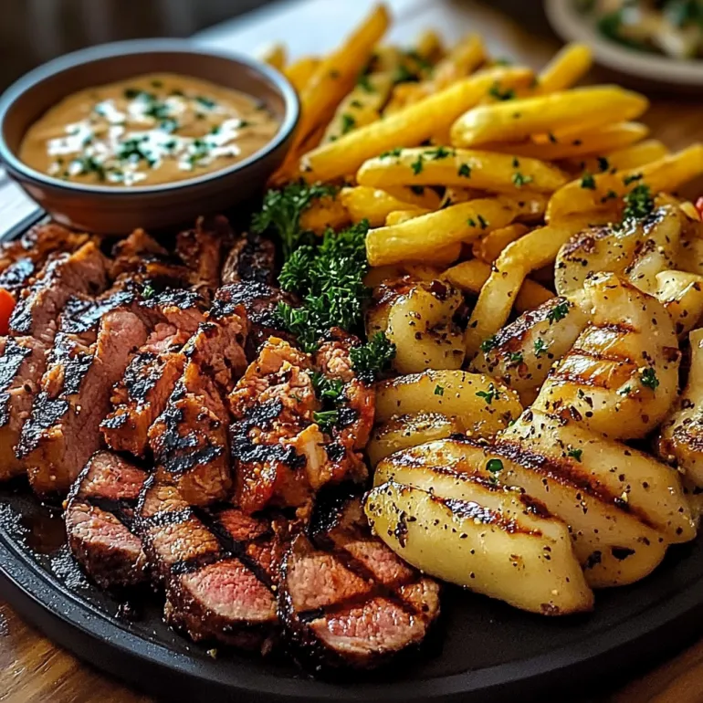 A hearty mixed grill platter with crispy fries.