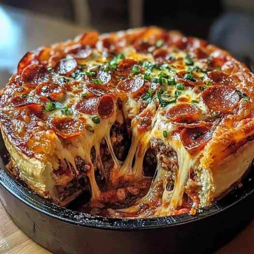 A deep-dish pizza pie with pepperoni and cheese.