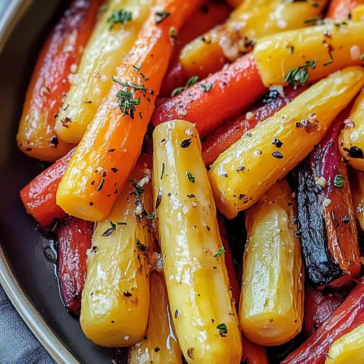A bowl of honey roasted colorful carrots.