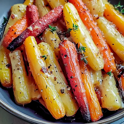 A bowl of honey roasted colorful carrots.