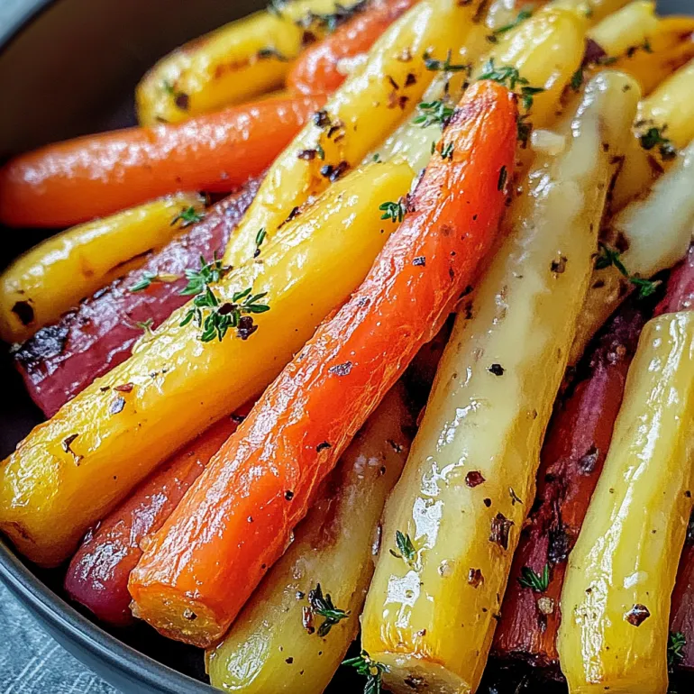 A bowl of honey roasted colorful carrots.