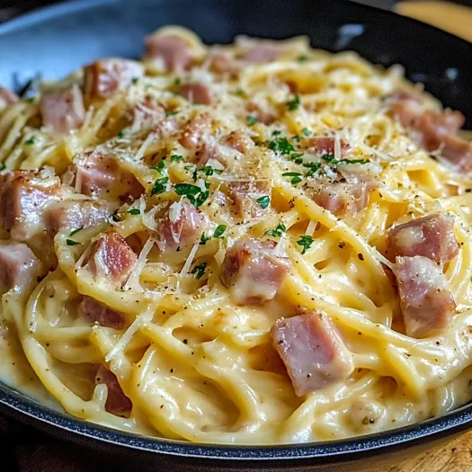 A bowl of creamy ham cheese pasta.