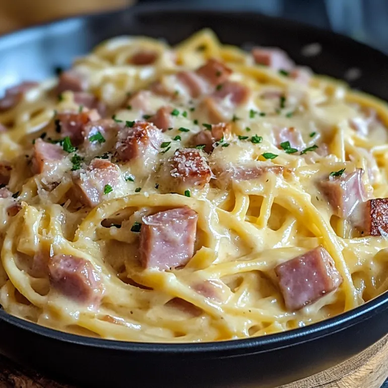 A bowl of creamy ham cheese pasta.
