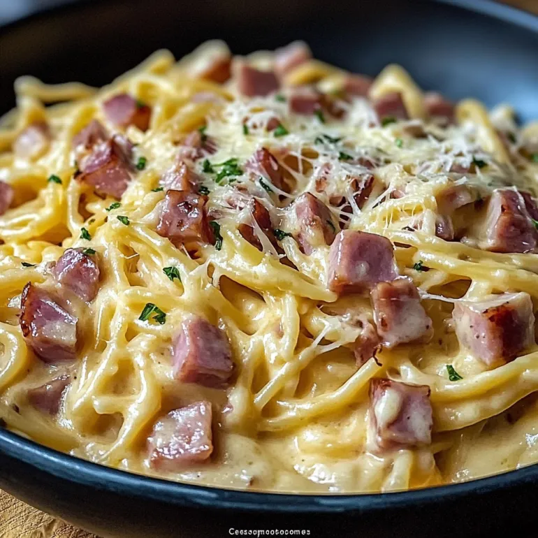 A bowl of creamy ham cheese pasta.