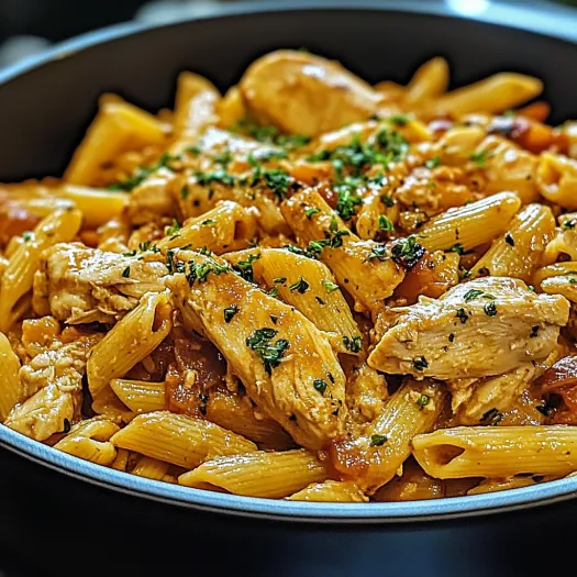 A bowl of pasta with chicken and herbs.