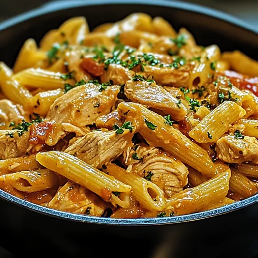 A bowl of pasta with chicken and herbs.