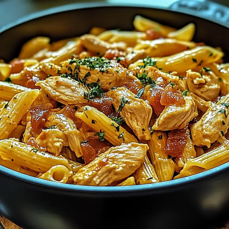 A bowl of pasta with chicken and tomatoes.