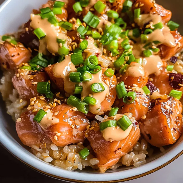 A bowl of salmon crispy rice.