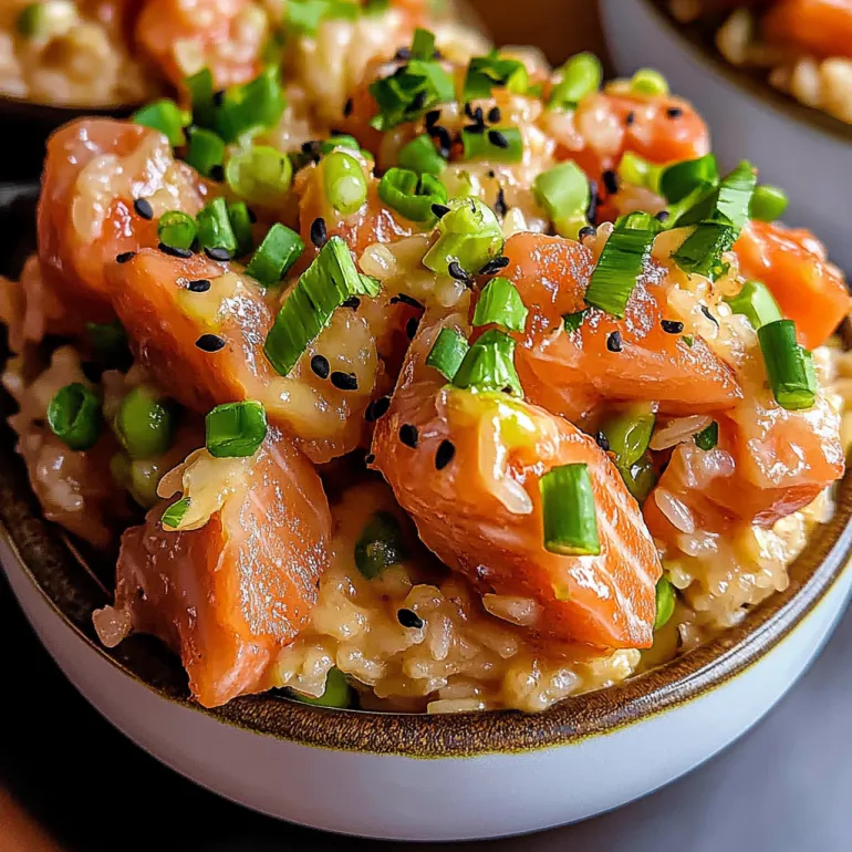 A bowl of salmon crispy rice.
