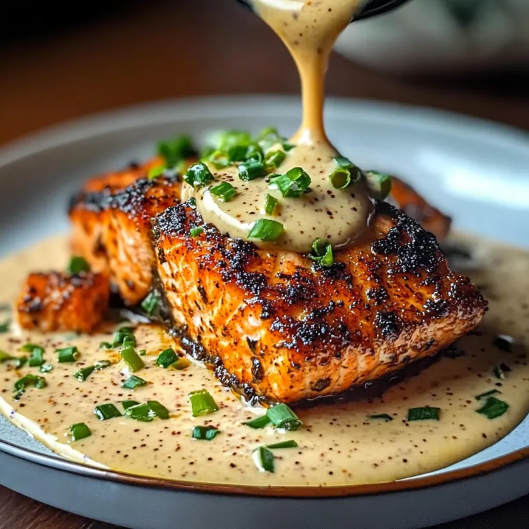 A dish of blackened salmon with creamy dijon sauce.