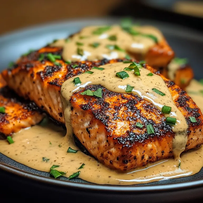 Blackened salmon with creamy dijon sauce.