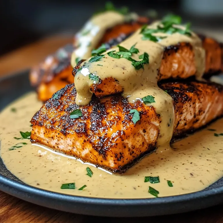 A plate of blackened salmon with creamy dijon sauce.