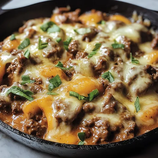 A skillet of beef and cheese.