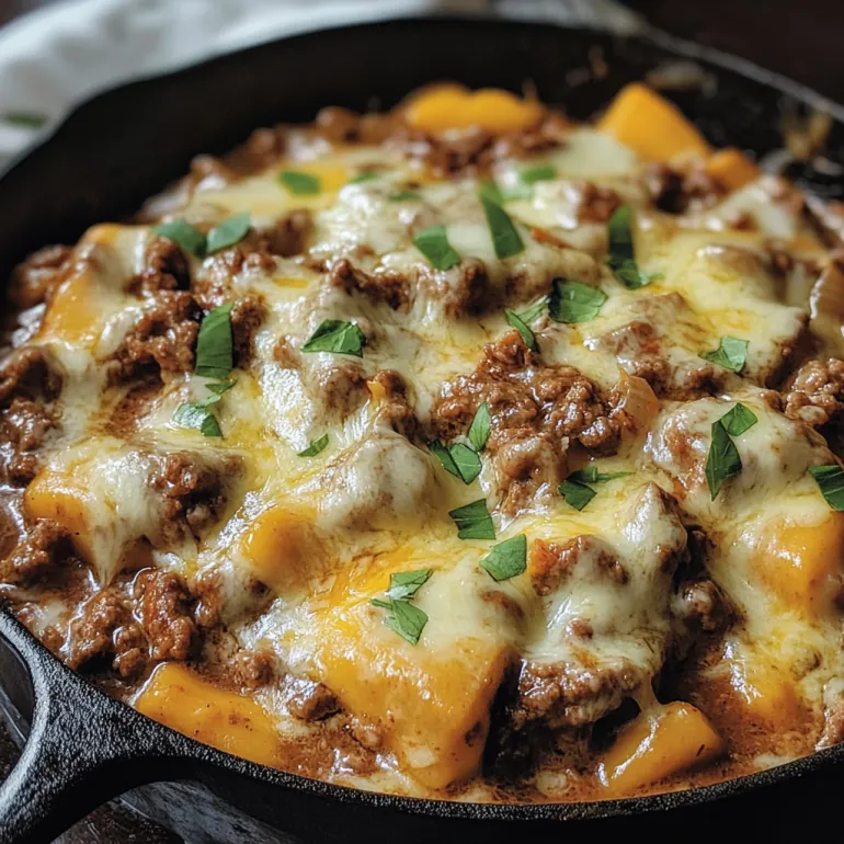 A skillet of beef and cheese.