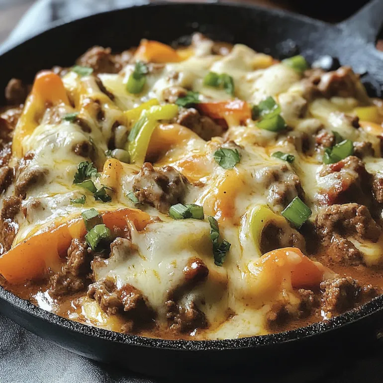 A skillet filled with beef and cheese.