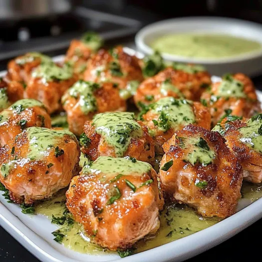 A plate of crispy salmon bites with sauce.