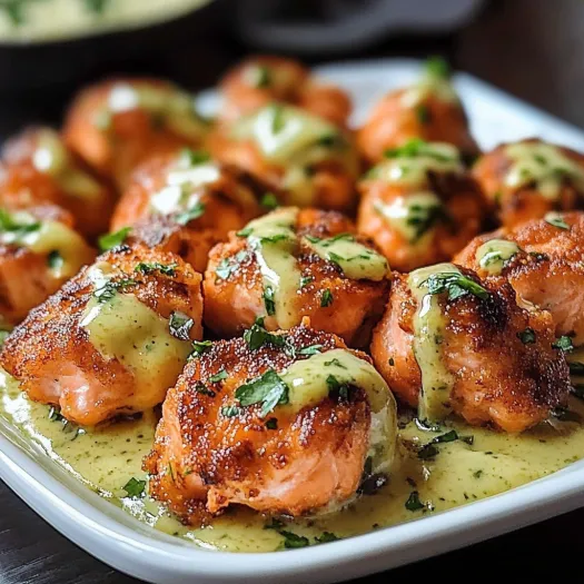 A plate of crispy salmon bites with sauce.