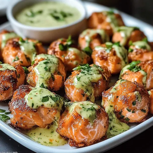 A plate of crispy salmon bites with sauce.