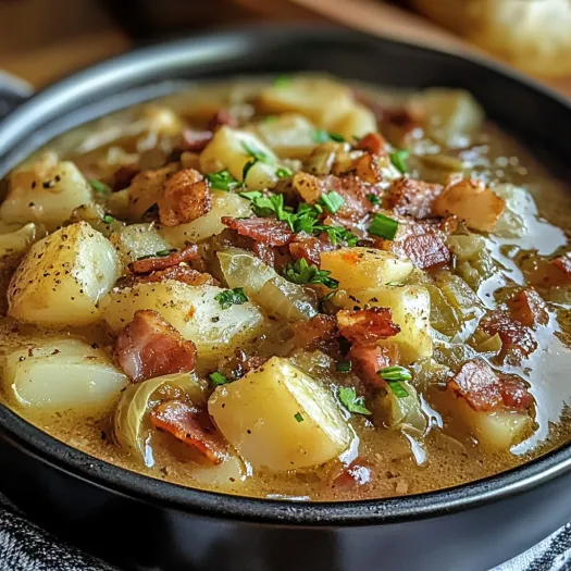 A bowl of soup with bacon, cabbage, and potatoes.