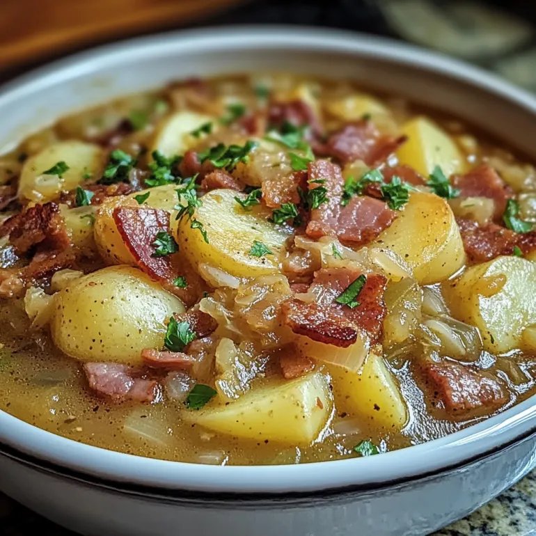 A bowl of soup with bacon, cabbage, and potatoes.