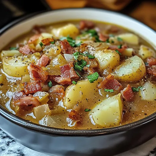 A bowl of soup with bacon, cabbage, and potatoes.