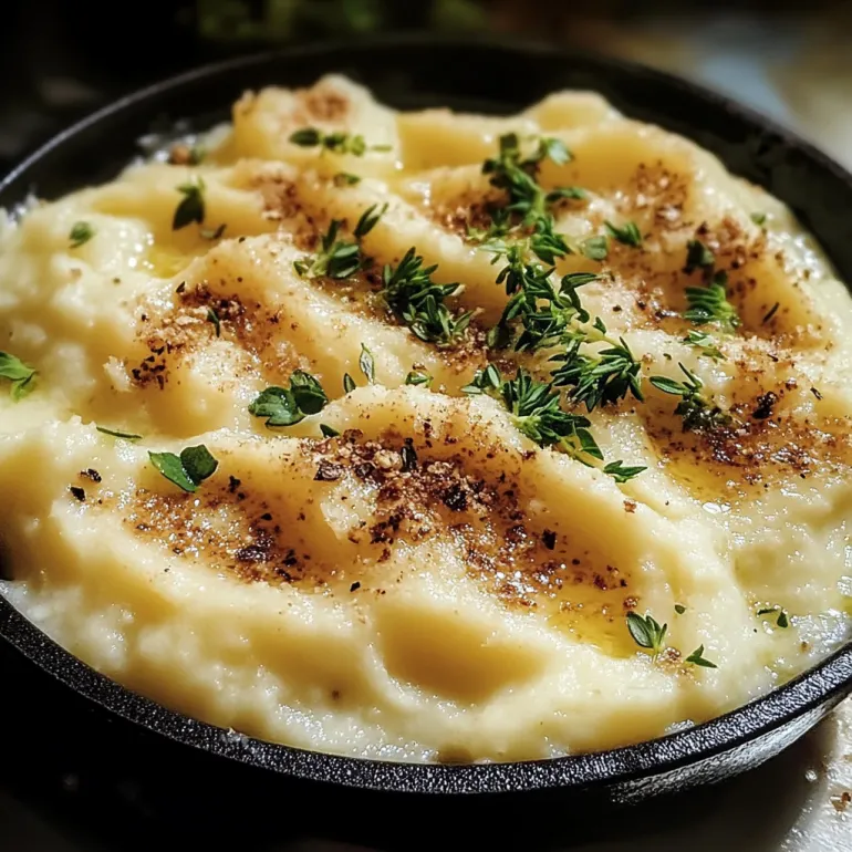A dish of cauliflower puree with herbs on top.