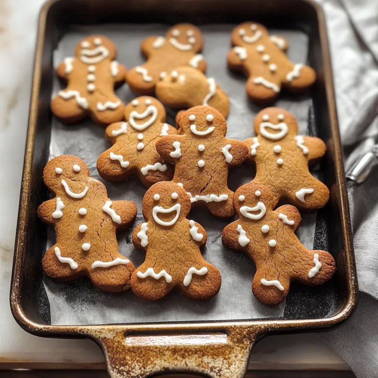 A pan of gingerbread cookies with smiley faces on them.