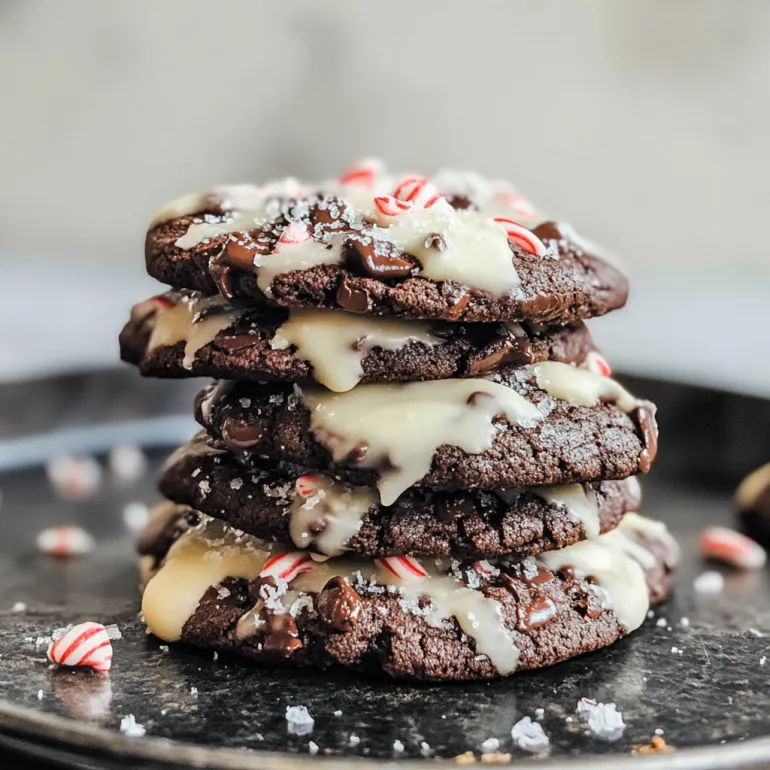 A stack of four double chocolate peppermint cookies.