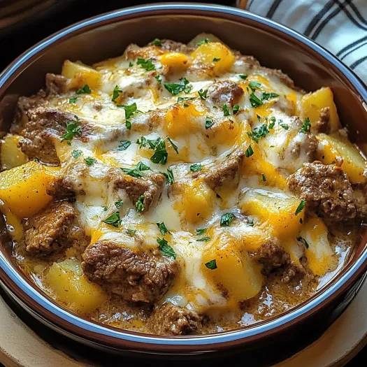 A bowl of food with the words "Slow Cooker Steak And Cheddar Potato Casserole" written on it.