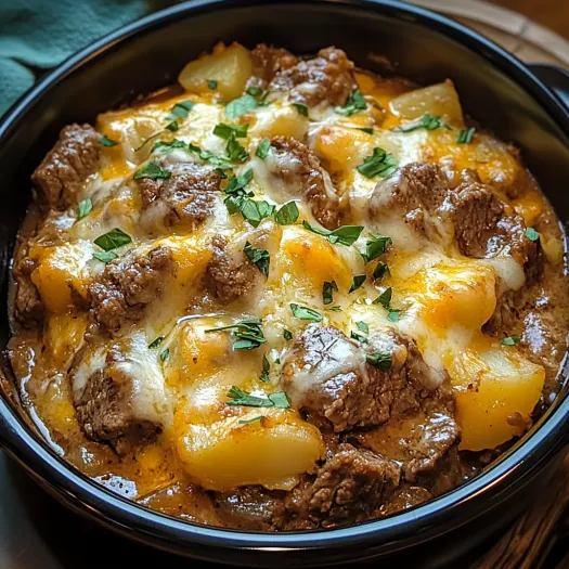 A bowl of slow cooker steak and cheddar potato casserole.