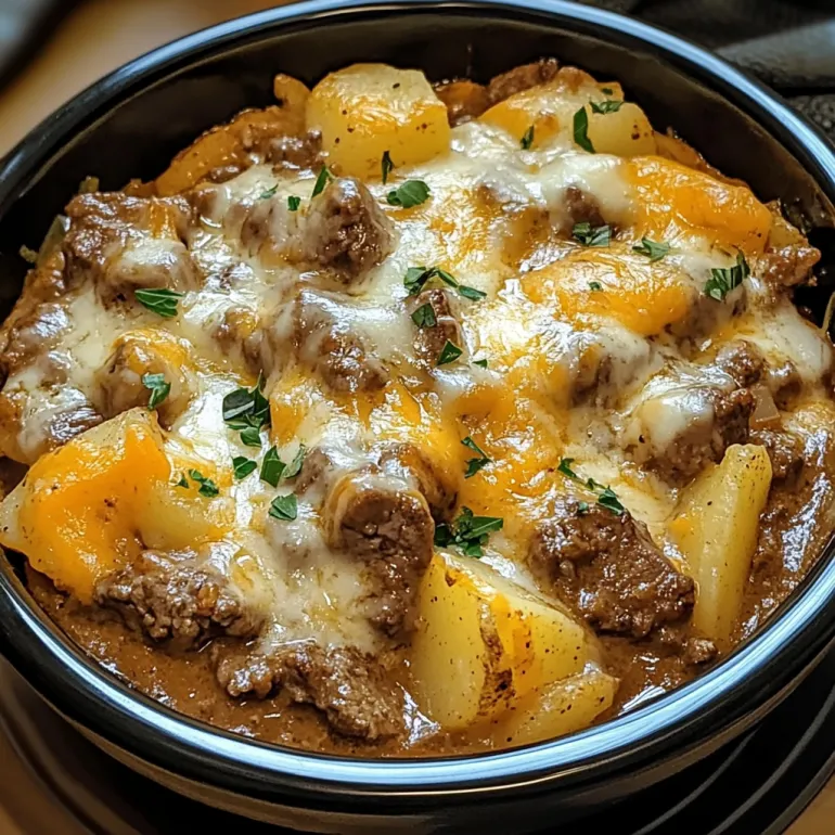 A bowl of food with the words "Slow Cooker Steak And Cheddar Potato Casserole" written on it.