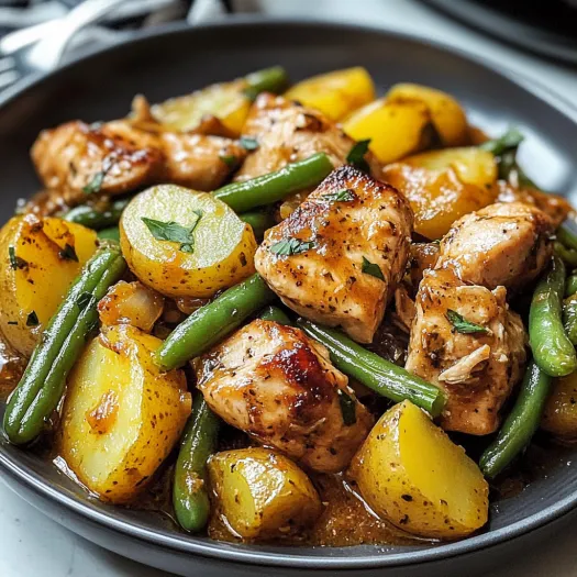 A bowl of chicken, potatoes, and green beans.