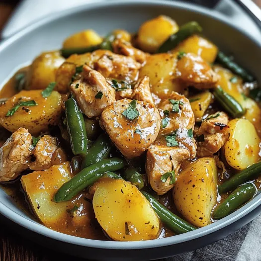A bowl of chicken, potatoes and green beans.