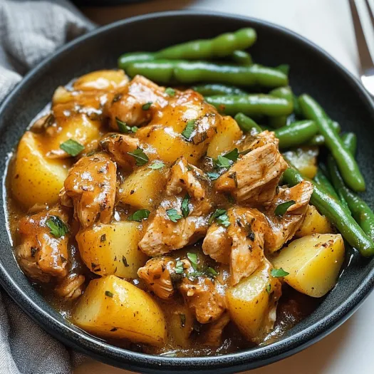 A bowl of chicken, potatoes, and green beans.